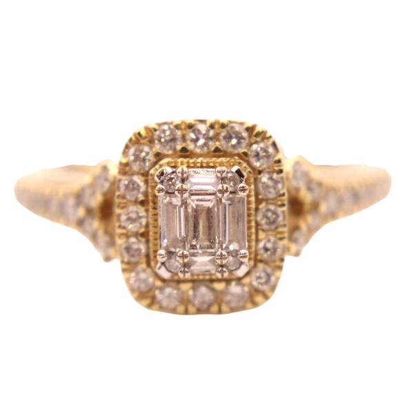 14kt Yellow Gold Diamond Round & Emerald Cut Midcentury Modern Engagement Ring